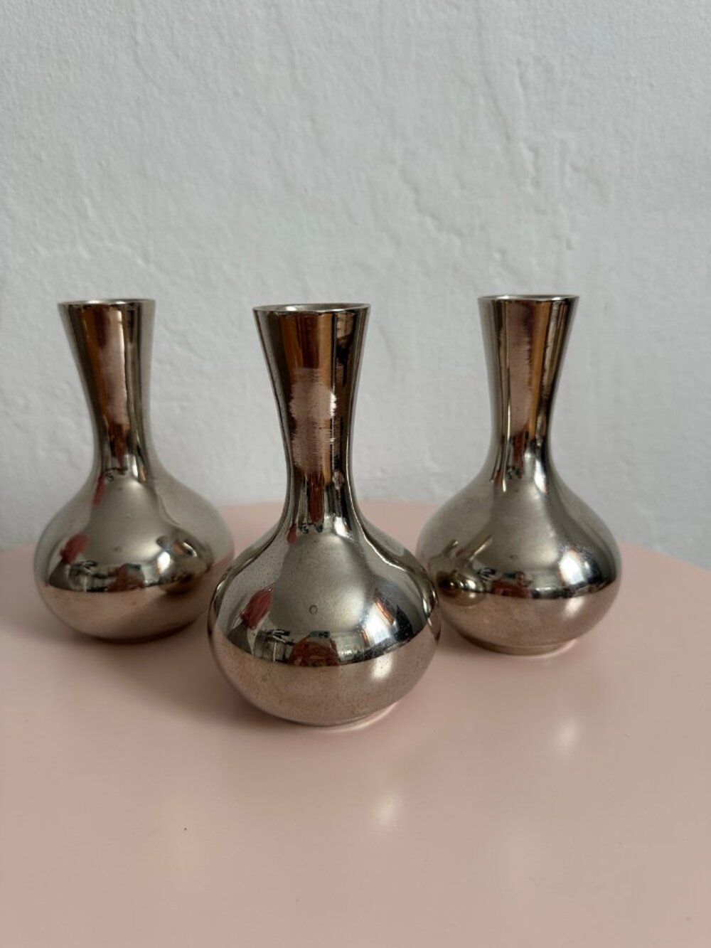 Set of 3 Small Silver Bud Vases - Polished Metal Bulb Base Flared Neck